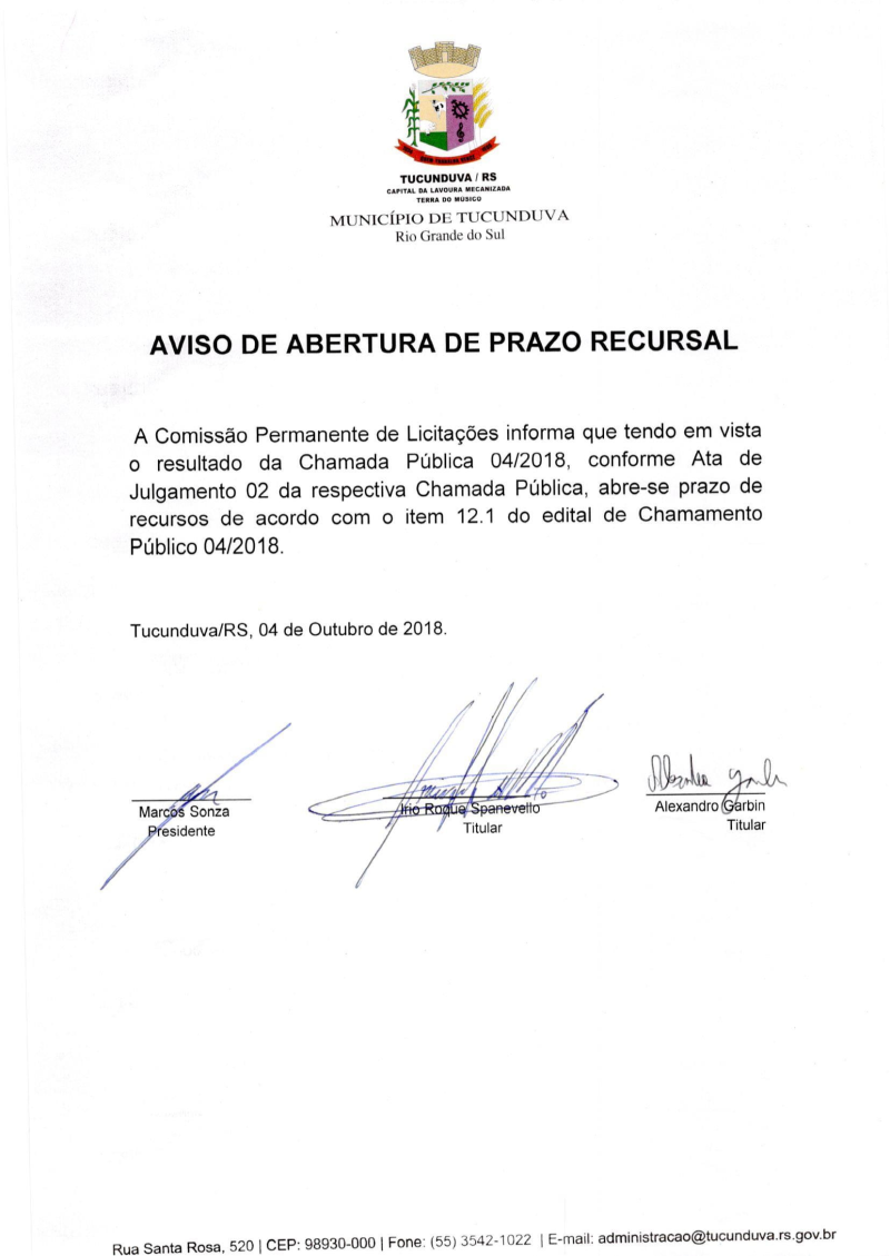AVISO DE ABERTURA DE PRAZO DE RECURSOS - CHAMADA PUBLICA Nº 04/2018